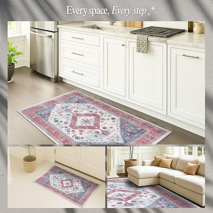 Fame Rugs Turkish Rug. Washable Vintage Oriental Antique Inspired Traditional Doormat Small Modern Area Rugs Luxury Entryway Entry Bedroom Bathroom Kitchen (402RN, 2'5 x 5')