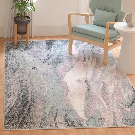 SAFAVIEH Glacier Collection Area Rug - 6'7" Square, Pink & Blue, Modern Abstract Design, Non-Shedding & Easy Care, Ideal for High Traffic Areas in Living Room, Bedroom (GLA126U)