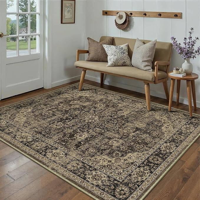 HUGEAR Retro Brown Area Rug 5x7 Machine Washable Living Room Rugs Distressed Vintage Floral Low Pile Carpet Bedroom Office Dining Room Laundry Room Non Slip Soft Lightweight