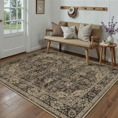 HUGEAR Retro Brown Area Rug 5x7 Machine Washable Living Room Rugs Distressed Vintage Floral Low Pile Carpet Bedroom Office Dining Room Laundry Room Non Slip Soft Lightweight