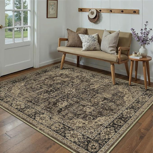 HUGEAR Retro Brown Area Rug 5x7 Machine Washable Living Room Rugs Distressed Vintage Floral Low Pile Carpet Bedroom Office Dining Room Laundry Room Non Slip Soft Lightweight