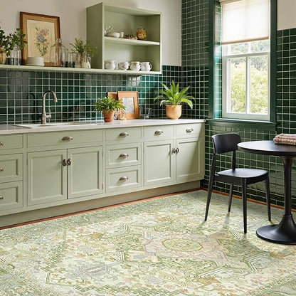 Kokia 8x10 Washable Sage Green Area Rugs with Vintage Orient Design Soft Rug for Living Room or Bedroom Non-Slip Low Pile Stain Resistance Features Distressed Medallion Pattern