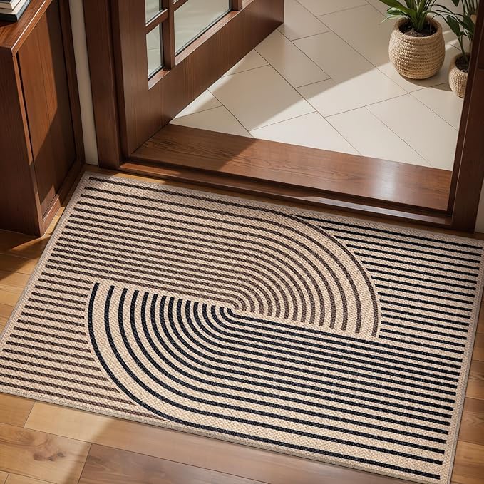 Tangsoo Rainbow Easy Jute Rug 2x4 Small Throw Rugs for Entryway,Washable Ultra Thin Outdoor Door Mat, Black Brown Non-Slip Indoor Floor Carpet for Entrance Kitchen Hallway Bedroom Front Porch