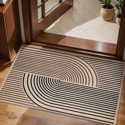 Tangsoo Rainbow Easy Jute Rug 2x4 Small Throw Rugs for Entryway,Washable Ultra Thin Outdoor Door Mat, Black Brown Non-Slip Indoor Floor Carpet for Entrance Kitchen Hallway Bedroom Front Porch