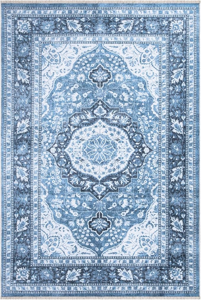 Bloom Rugs Caria Washable Non-Slip 6x9 Rug - Blue Traditional Area Rug for Living Room, Bedroom, Dining Room, and Kitchen - Exact Size: 6' x 9'