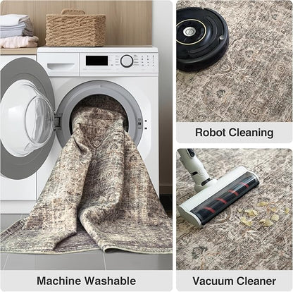 FMFUNCTEX 6x9 Washable Area Rug Vintage Neutral Distressed Large Taupe Non Slip Carpet for Living Room Bedroom Soft Low Pile Indoor Mat Retro Floral Throw Rug for Dining Room Kitchen Office Nursery