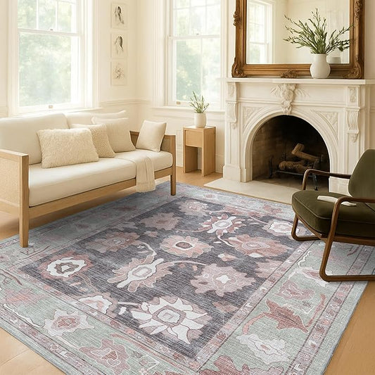 Fame Living Green Oushak Rug, Modern, Vintage, Turkish, Eclectic, Floral, Pastel, Washable, Area Rugs for Living Room, Dining, Bedroom, Office, Entryway, Foyer, Playroom, Nursery, 5'x6'9"