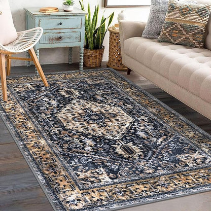 KOZYFLY Boho Area Rug 3x5 Ft Rugs for Entryway Washable Entry Rug Non Slip Door Mat Indoor Entrance Gold Navy Printed Faux Wool Vintage Kitchen Rug Throw Rugs for Entrance Kitchen Living Room