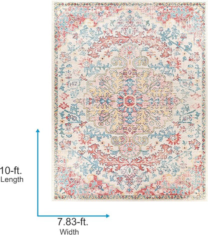 Livabliss Area Rugs - 8x10 Odelia Vintage Boho Red Off-White Blue Area Rug for Living Room Bedroom - Floral Medallion Stain Resistant Carpet for Kitchen, Nursery, Office (7'10" x 10')