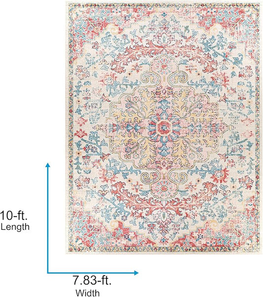 Livabliss Area Rugs - 8x10 Odelia Vintage Boho Red Off-White Blue Area Rug for Living Room Bedroom - Floral Medallion Stain Resistant Carpet for Kitchen, Nursery, Office (7'10" x 10')
