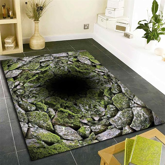 3D Hole Area Carpets, 5x6ft, Optical Illusion Design Pattern Floor Rugs, Realistic Abyss Perspective Effect Non-Shedding Playing Mat, Cozy Thin Breathable Durable Rug for Living Room