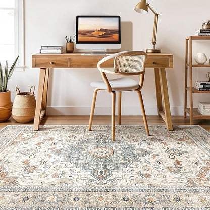 6x9 Area Rugs Living Room: Washable Boho Large Neutral Vintage Soft Rug Stain Resistant Distressed Farmhouse Non-Slip Indoor Floor Carpet for Bedroom Nursery Kids Office Dining Room- Beige Blue