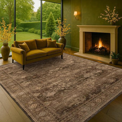 Brown 9x12 Living Room Rug - Vintage Western Eclectic Unique Neutral Taupe, Washable Low Pile Non-Slip Large Area Rugs for Dining Under Table Bedroom Under Bed