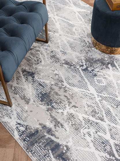Adel Modern Area Rug for Living Room, 5x7 Rustic Distressed Abstract Blue Rug, Medium Pile Stain Resistant Carpet for Bedroom, Dining Room or Kitchen (5' x 7', Blue)