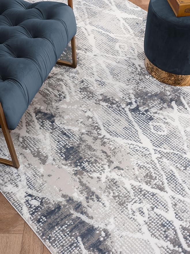 Adel Modern Runner Rug for Kitchen, 2x7 Rustic Distressed Abstract Blue Runner, Medium Pile Stain Resistant Carpet for Bedroom, Hallway or Entryway (2' x 7', Blue)