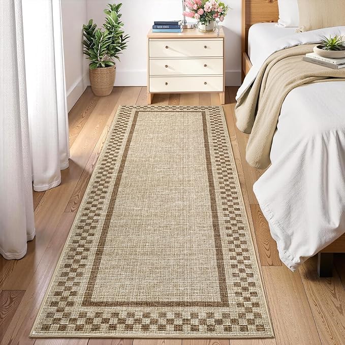 Rug Runners for Hallways 2x8 Washable Kitchen Runner Rug Non Slip Low Pile Bedside Throw Carpet Modern Bordered Bathroom Runners Checkered Area Rug for Living Room Bedroom Entryway Nursery, Taupe