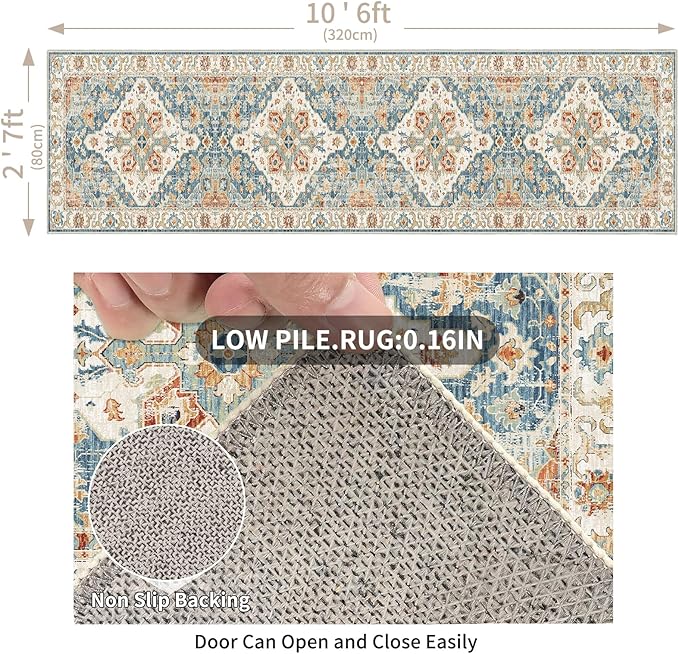 Enkor Runner Rugs for Hallway, 2.6x10.5 Washable Soft Non Slip Floor Rugs for Kitchen, Modern Mat for Living Room Bedroom Entryway Orange & Blue