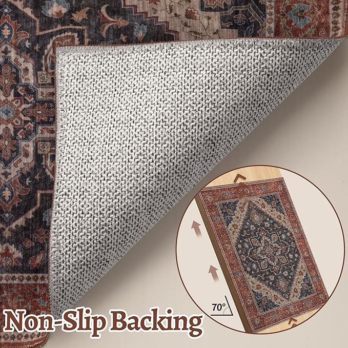 Tangsoo 3x5 Washable Rug, Vintage Rugs Indoor Area Rugs, Boho Non Slip Accent Rug Carpet, Soft Low Pile Rugs for Living Room Dorm Bedroom Bedside Entryway Bathroom Home Decor Dark Blue/Orange