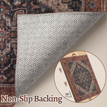 Tangsoo 3x5 Washable Rug, Vintage Rugs Indoor Area Rugs, Boho Non Slip Accent Rug Carpet, Soft Low Pile Rugs for Living Room Dorm Bedroom Bedside Entryway Bathroom Home Decor Dark Blue/Orange