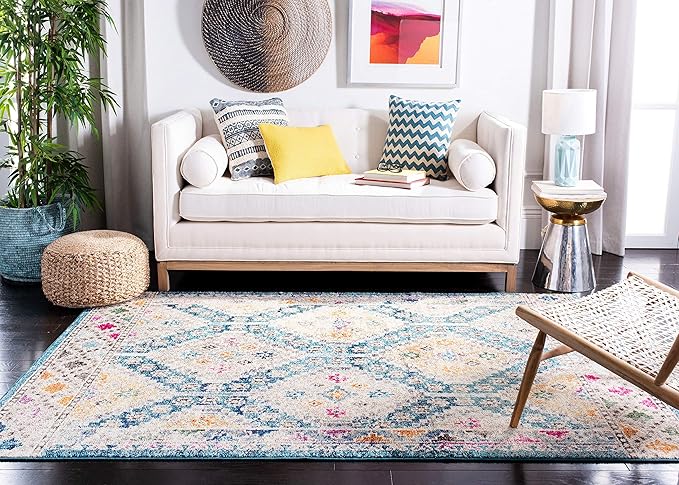 SAFAVIEH Madison Collection Area Rug - 9' x 12', Dark Blue & Yellow, Boho Diamond Distressed Design, Non-Shedding & Easy Care, Ideal for High Traffic Areas in Living Room, Bedroom (MAD418N)