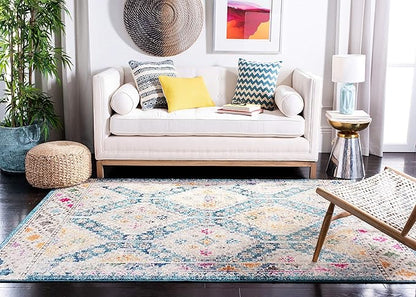 SAFAVIEH Madison Collection Area Rug - 6'7" Square, Dark Blue & Yellow, Boho Diamond Distressed Design, Non-Shedding & Easy Care, Ideal for High Traffic Areas in Living Room, Bedroom (MAD418N)