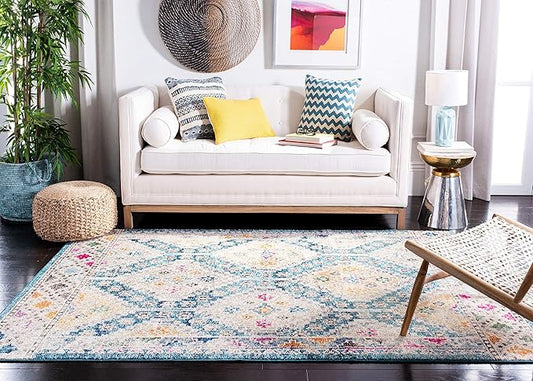 SAFAVIEH Madison Collection Accent Rug - 3' x 5', Dark Blue & Yellow, Boho Distressed Design, Non-Shedding & Easy Care, Ideal for High Traffic Areas in Entryway, Living Room, Bedroom (MAD418N)
