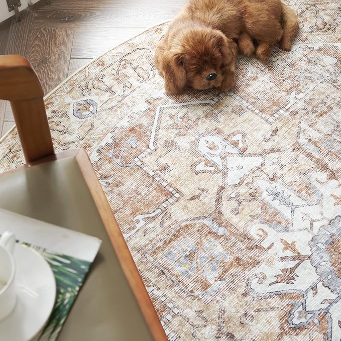 jinchan Round Rug 6ft Washable Area Rug Indoor Vintage Bedroom Floor Cover Distressed Circle Mat 6' Round Lightweight Non Slip Low Pile Thin Farmhouse Carpet for Living Room Dining Room Brick Red
