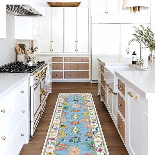 Fame Living Colorful Oushak Runner Rug, Modern Runners, Vintage, Turkish, Eclectic, Floral, Pastel, Washable, Runner for Hallway, Kitchen, Bedroom, Bathroom, 2'5"x9'8"
