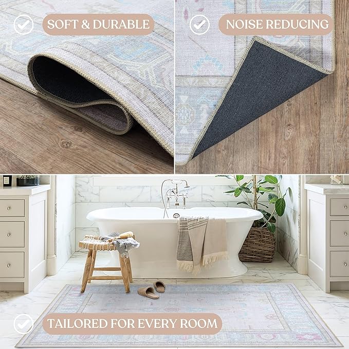 Fame Living Faded Oushak Rug, Turkish Vintage Floral Pastel Large Oversized Area Rugs for Living Room Dining Bedroom Kitchen Bathroom Nursery (854PW, 2'5" x 13')