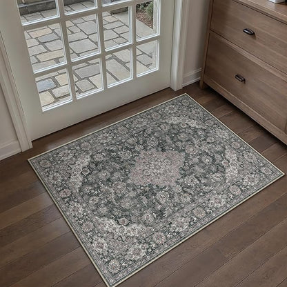 HUGEAR 2x3 Entryway Area Rug Retro Black Small Rug Machine Washable Door Mat Vintage Floral Low Pile Carpet Distressed Throw Rug Entrance Kitchen Bathroom Bedroom Office Non Slip Soft Lightweight