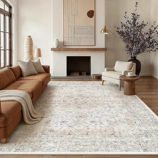 10x12 Washable Vintage Area Rug for Living Room Bedroom Beige Grey Soft Tranditional Non Slip Large Throw Rug Lightweight Floral Low Pile Distressed Carpet Bedroom Playroom Classroom Office