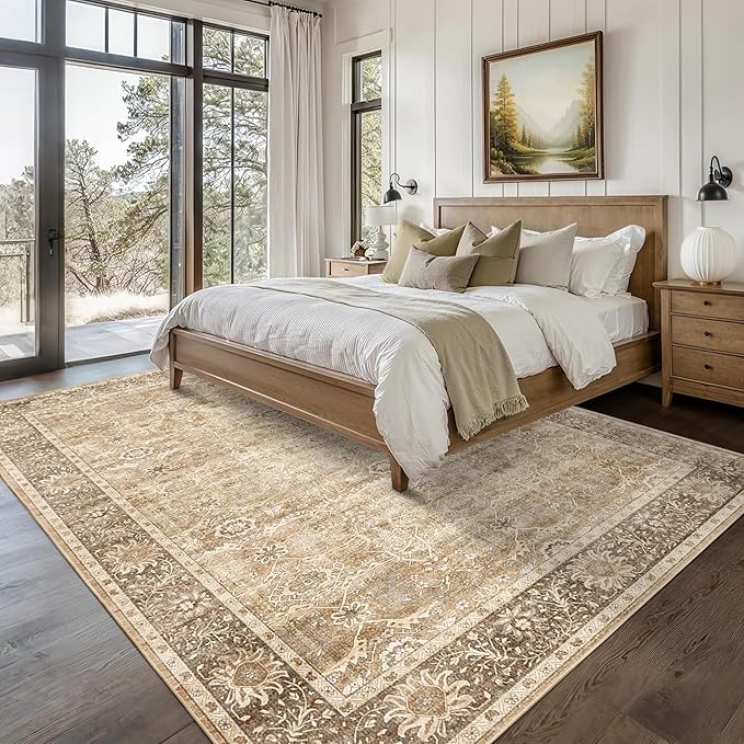8x10 Washable Area Rug Beige Vintage Rug for Living Room Bedroom Low Pile Soft Non-Slip Boho Rug for Under Table Boho Distressed Retro Carpet for Bedroom Kitchen Office Dining