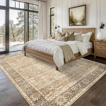 8x10 Washable Area Rug Beige Vintage Rug for Living Room Bedroom Low Pile Soft Non-Slip Boho Rug for Under Table Boho Distressed Retro Carpet for Bedroom Kitchen Office Dining