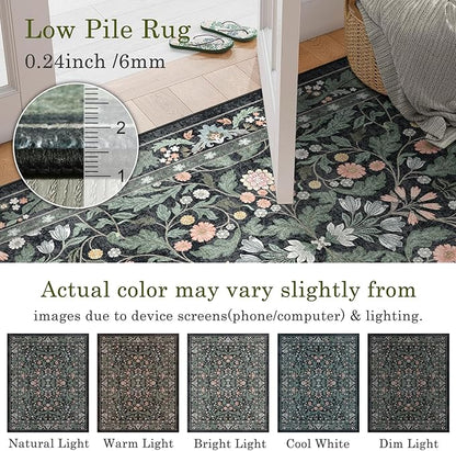 Dark Green Floral 5x7 Area Rugs for Living Room Large Washable Rug Vintage Forest Low Pile Non Slip Stain Resistance Soft Carpet for Dining Room, Bedroom, Office Rug, Kids Room, Nursery Room, Playroom