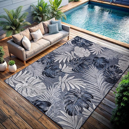 CAMILSON Indoor Outdoor Rug, Navy 10’x14’ Leaf Tropical Botanical Area Rugs for Indoor and Outdoor patios, Easy-Cleaning Non-Shedding Living Room, Garden and Kitchen Washable Outside Carpet (10x14)