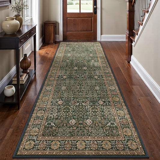 Bavni Washable Rug Runners for Hallways-Vintage Runner Rug 2'6''x10 Low Pile Floral Rugs, Non-Slip Indoor Throw Carpet for Living Room Bedroom Kitchen, Dark Green/Multi