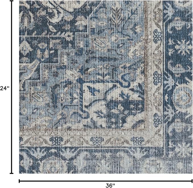 RUGGABLE Washable Area Rug – Kamran Admiral Blue 2x3, Stain-Resistant, Non-Slip – Small Machine Washable Rugs for Living Room, Bedroom, Hallway, Entryway & Bathroom–with Standard Pad