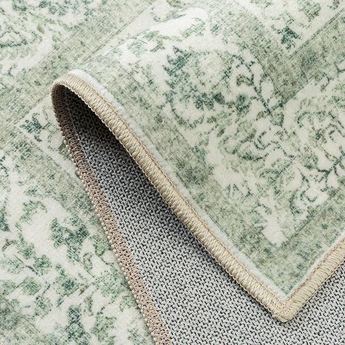 Runner Rug 2x8 Sage Green Hallway Washable Vintage Distressed Kitchen Carpet Non Slip Neutral Low Pile Retro Floral Farmhouse Long Throw Rug Entryway Bathroom Office Laundry Dining Room