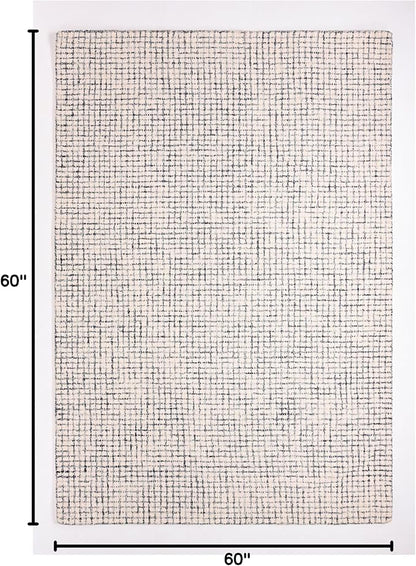 Hand-Tufted 100% Wool Pile Area Rug – Geometric Textured Grid Check Pattern – Thick and Durable Floor Carpet for Bedroom, Living Room, Kids Room, and Dining Area (Ivory, Denim, 5' Round)