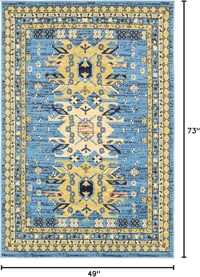 Unique Loom Taftan Collection Border Geometric Tribal Inspired Design Area Rug (4' 0 x 6' 0 Rectangular, Light Blue/ Gold)
