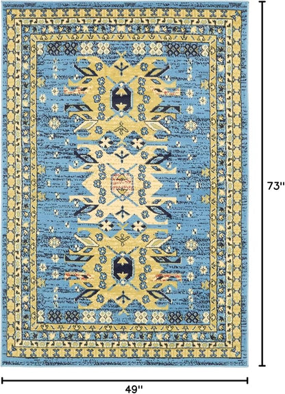 Unique Loom Taftan Collection Border Geometric Tribal Inspired Design Area Rug (4' 0 x 6' 0 Rectangular, Light Blue/ Gold)
