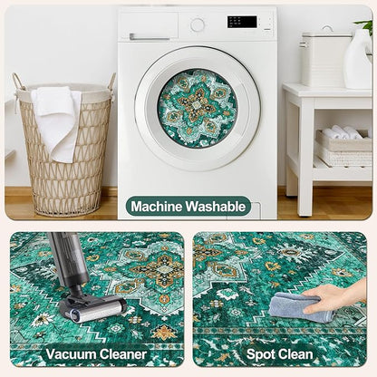 Tangsoo 8x10 Area Rug for Living Room, Washable Vintage Rug Indoor Non Slip Large, Print Distressed Emerald Carpet, Soft Low Pile Foldable Floor Rugs for Bedroom Dining Room Dorm