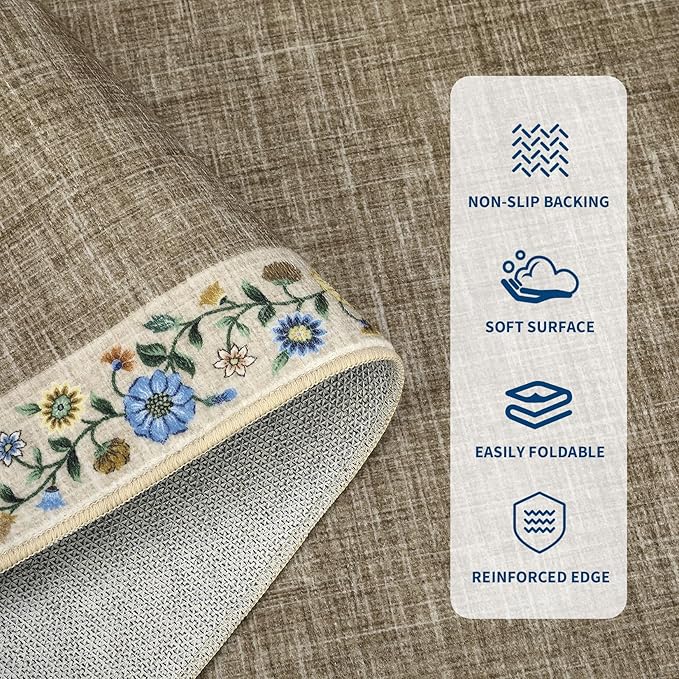 GarveeHome Washable Rugs for Living ROM 8 x 10 Large Area Rug Farmhouse Floral Bordered Bedroom Carpet Indoor Non-Slip Nursery Mat Soft Non Shedding Stain Resistant Carpet for Dining Room, Dark Camel