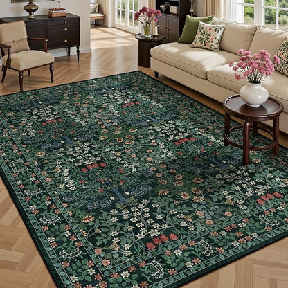 8x10 Area Rugs Living Room Rug - Floral Vintage Forest Washable Carpet, Low Pile Non-Slip Stain Resistance Boho Soft Large Carpet for Bedroom, Dining Room, Office, Farmhouse (8'x10' Dark Green)