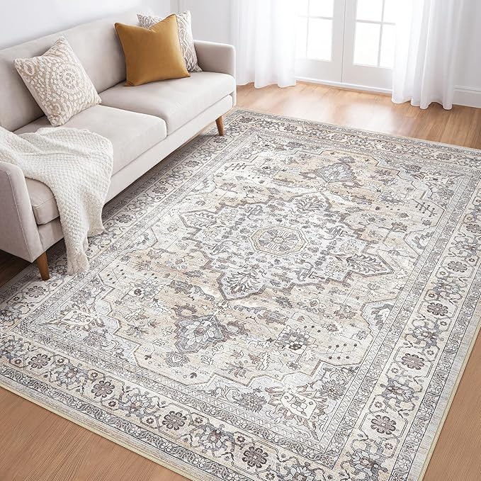 6x8 Area Rug Living Room: Washable Boho Large Neutral Vintage Soft Rugs Stain Resistant Farmhouse Non Slip Indoor Floor Carpet for Bedroom Nursery Kids Playroom Office Dining Room Home- Ivory Gray
