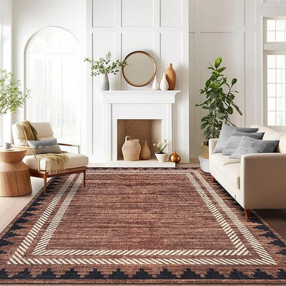 Geometric Bordered 5x7 Washable Low Pile Area Rugs for Bedroom Living Room Playroom Modern Non Slip Foldable Soft Indoor Carpet Stain Resistant Non-Shedding Dining Room Farmhouse Rug, Brick Red