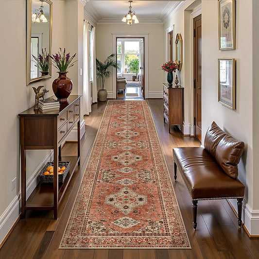 Tangsoo Boho Hallway Runner Rug 2.6x12 Washable Runner Rug for Hallways, Non Slip Vintage Soft Low Pile Long Rug Runner, Oriental Terracotta Carpet Runners for Kitchen Bedroom Entryway Living Room