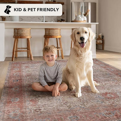 Kuden 9x12 Large Area Rug, Machine Washable Area Rug with Non-Slip Backing, Vintage Style, Soft, Easy Clean, Low Pile Rug for Living Room, Bedroom, Dining Room