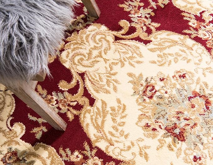Rugs.com Chateau Collection Rug – 7' Round Red Medium Rug Perfect for Kitchens, Dining Rooms