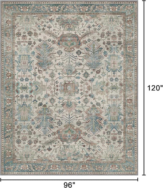 Area Rugs 8x10 Clearance Washable Boho Rug for Bedroom Living Room, Non Slip Thin Low Pile Chenille Carpet for Dining Room,Vintage Farmhouse, Blue/Ivory